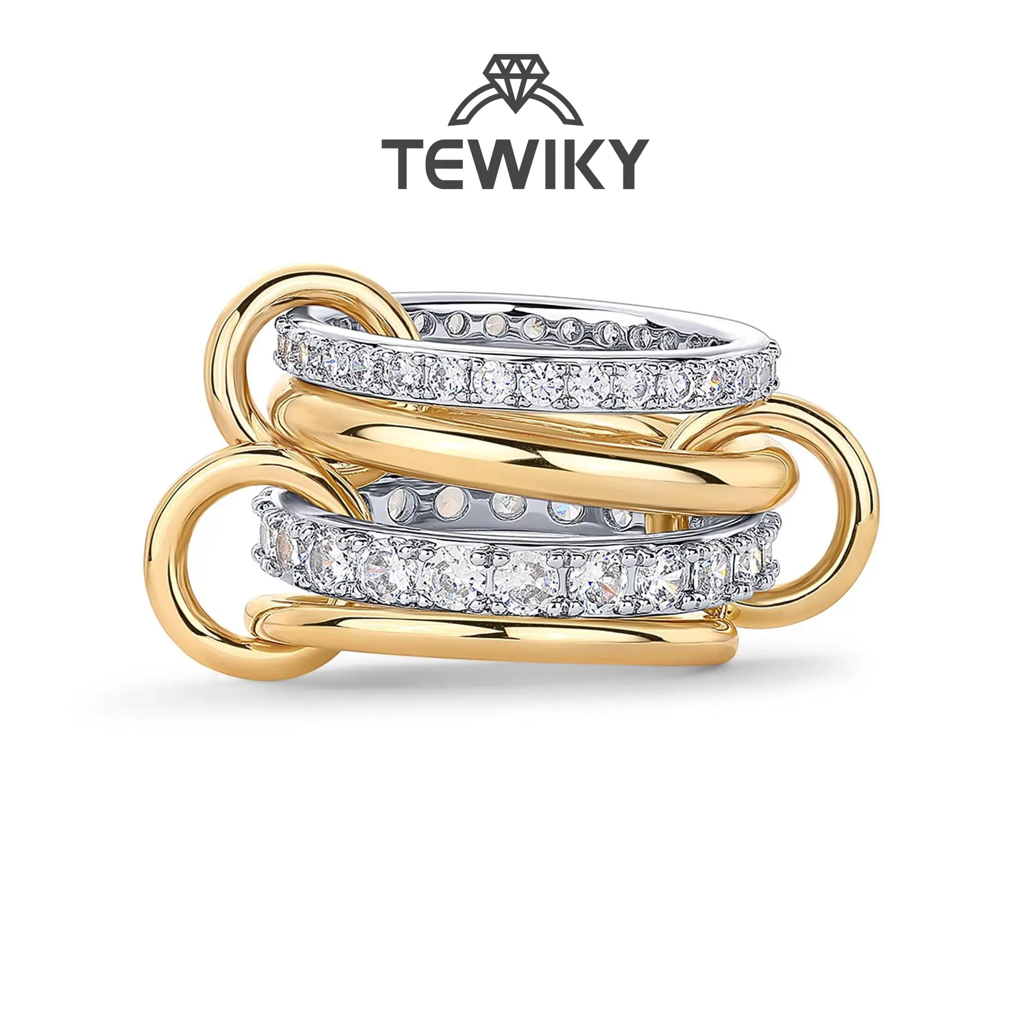 TEWIKY Interlocked Stackable Rings for Women - Statement Multi Ring Mixed Metals Stack - Cubic Zirconia Stacking Jewelry For Summer and Mother‘s Day Gift