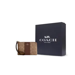 COACH Corner Zip 16 Wristlet and Clutch in Tan and Brown with Logo Zipper Closure Phone Wallet Purse Plain Color Purse Compact