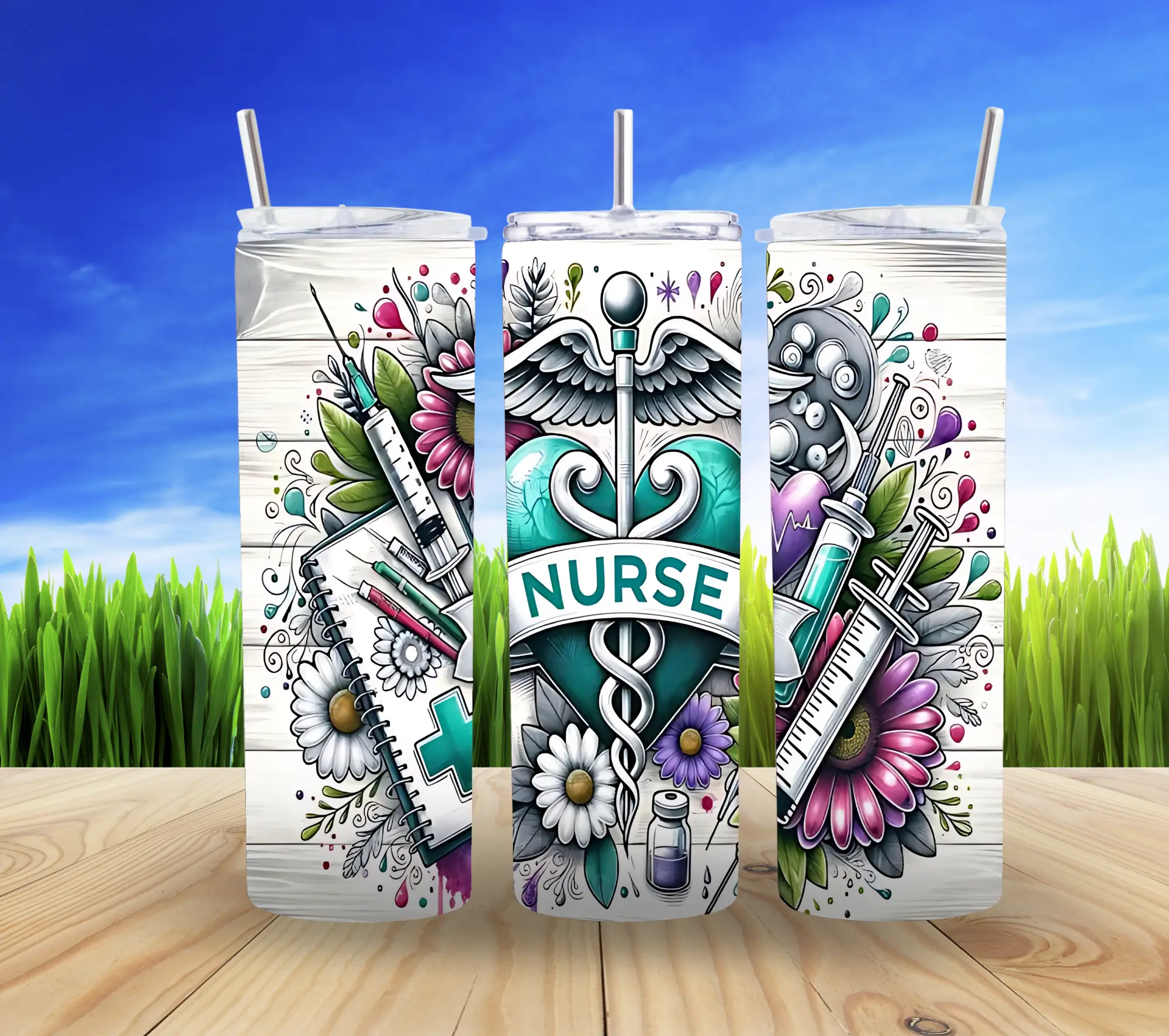 Nurse 20OS Reusable Water Bottle Gift with "NURSE" Design and Floral Elements - Drinkware Tumbler Flasks