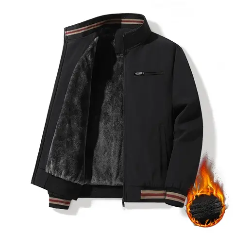 Men's Trendy Fitted Stand-Collar Thick Fleece-Lined Knit Jacket, Long-Sleeve Zip Casual Outerwear for Young-Middle-Aged Men, Cold Weather Tops