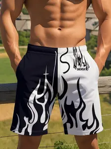 Patchwork Shorts, Flame Design, Drawstring Waist, Trendy Casual Style, Fitted Short Pants, All over Print