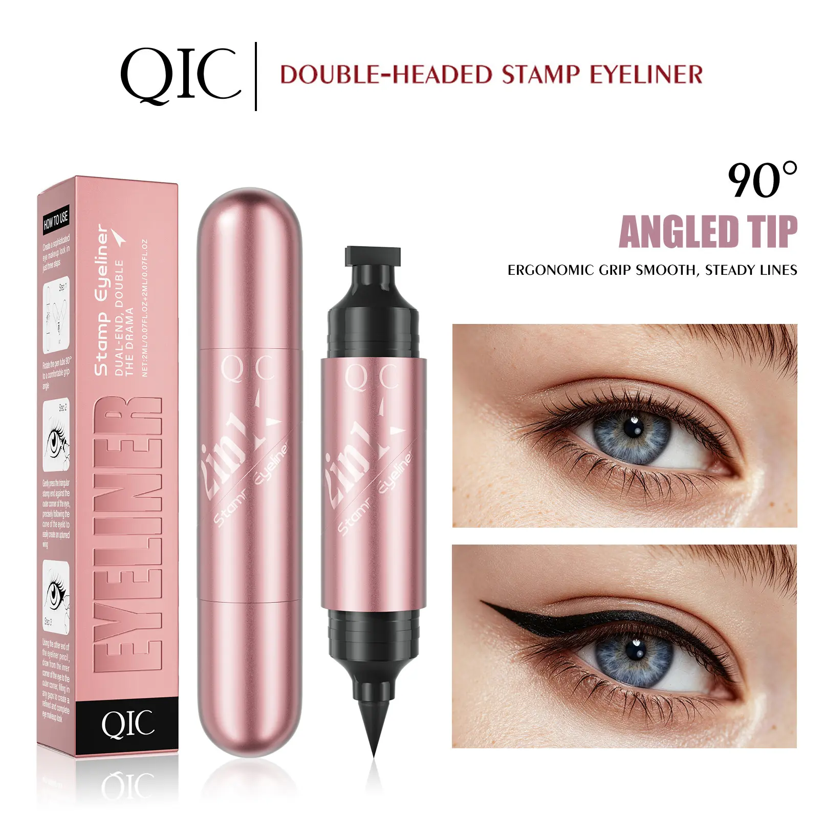 Upgraded Rotating Dual-Ended Eyeliner Pen & Wing Stamp, Waterproof Quick-Dry Formula for Easy Cat Eye and Sharp Winged Looks, All-Day Wear