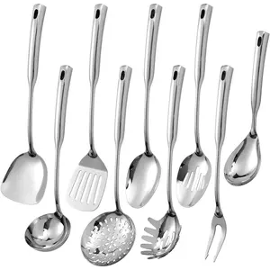304 Stainless Steel Kitchen Cooking Utensils Set - 9 count Serving Utensils, Include Skimmer, Soup Ladle, Spaghetti Server, Wok Spatula, Slotted & Solid Spoon, Slotted Spatula Turner, Meat Fork ()