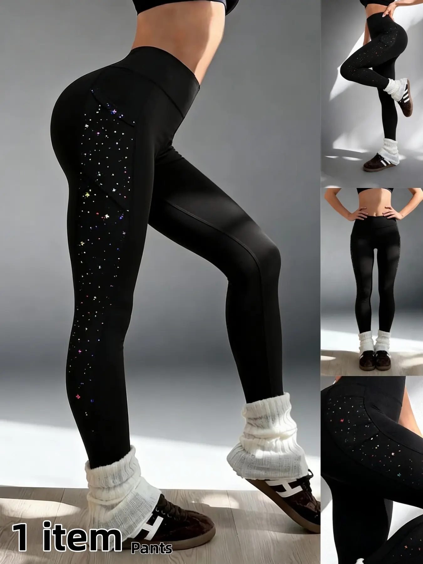 Single Piece, Unique Rhinestone Embellished Yoga Pants, Stretchy Slim Fit Sports Bottoms, Wearable Outerwear, Activewear