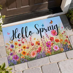 Hello Spring Doormat Flowers Butterflies Door mat Welcome Indoor Outdoor Entrance Mat Bathroom Non-Slip Rubber Backed Greeting Home Decorations 17 X 29 Inches