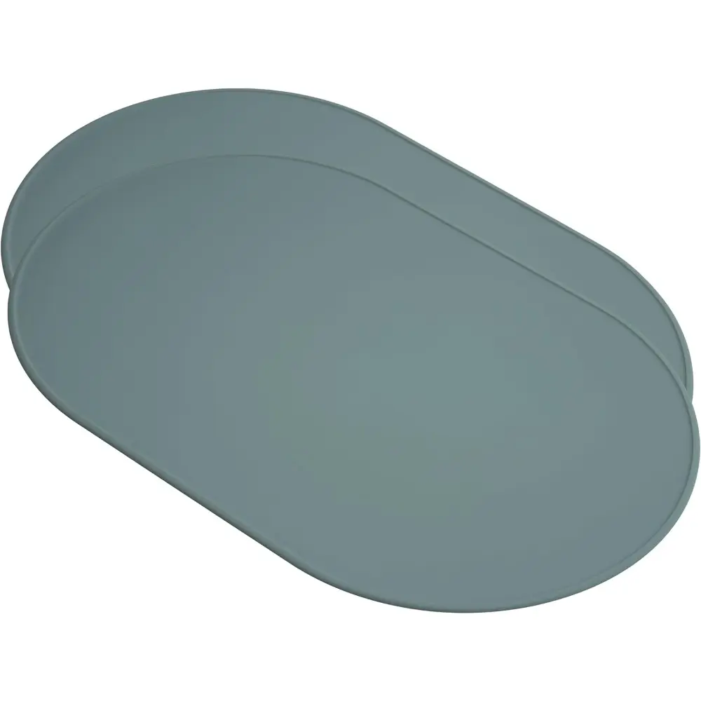 Stonewash Silicone Placemats (Set of 2 Sage, 20.5x13in, 3mm-High Rim) - Waterproof, Stain-Resistant, Heat-Safe, Non-Slip, Easy-to-Clean Adult Tableware - Large Oval Modern Coaster-Compatible Table Mats