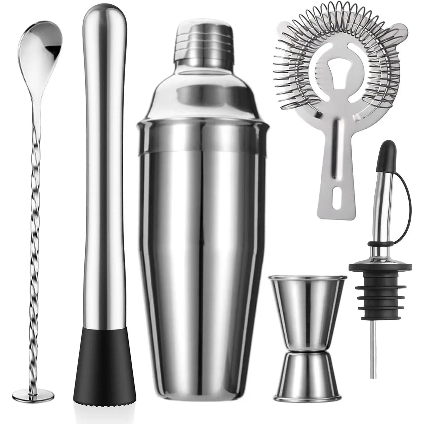 6-Piece Cocktail Shaker Set 24oz Shaker Strainer Mixer Measuring Cup Stirring Spoon Pour Spout Bartender Set Stainless Steel Bar Set Housewarming Gift