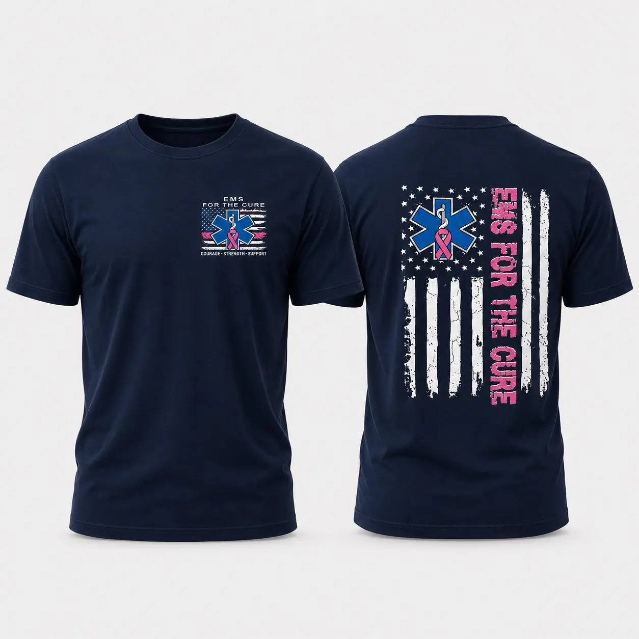 EMS For The Cure T-Shirt, Pink Ribbon Star of Life Graphic, EMS Support Graphic Shirt for EMTs & First Responders, Gift for Emergency Medical Workers