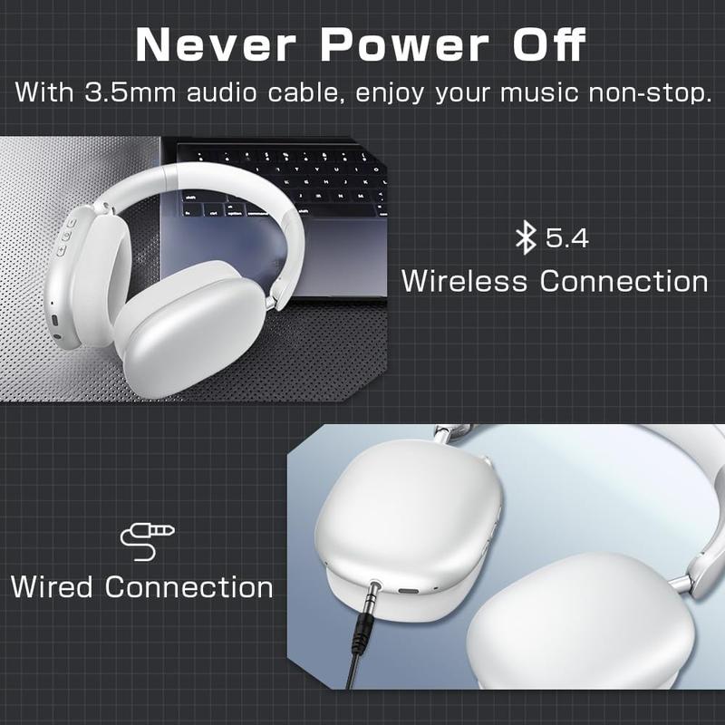Wireless Headphones Over Ear, Bluetooth 5.4 Headsets, Hi-Fi Stereo, ANC Noise Cancelling, Built-in Microphone, 30 Hours Playtime, 3.5mm Jack, Lightweight for Phones, Computers, Games(Silver)