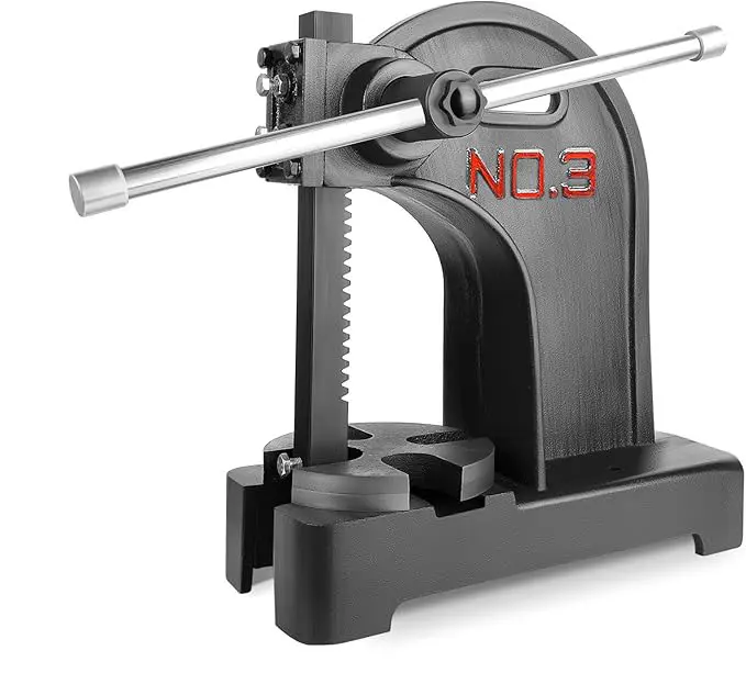 3-Ton Manual Arbor Press, Bench-Type Precision Hand Press, maximum stroke height: 12 inches, constructed of high-carbon steel with heavy-duty bench structure; applicable for stamping, bending and deep drawing operations, black finished frame.