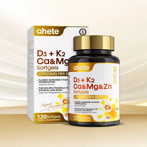 AHETE D3+K2 Softgels - High-Efficiency Vitamin D3 4000IU, Combined With K2 And Calcium-Magnesium-Zinc Supplements, Supports Calcium Utilization And Cardiovascular Health, Immune System Support, 120 Softgels