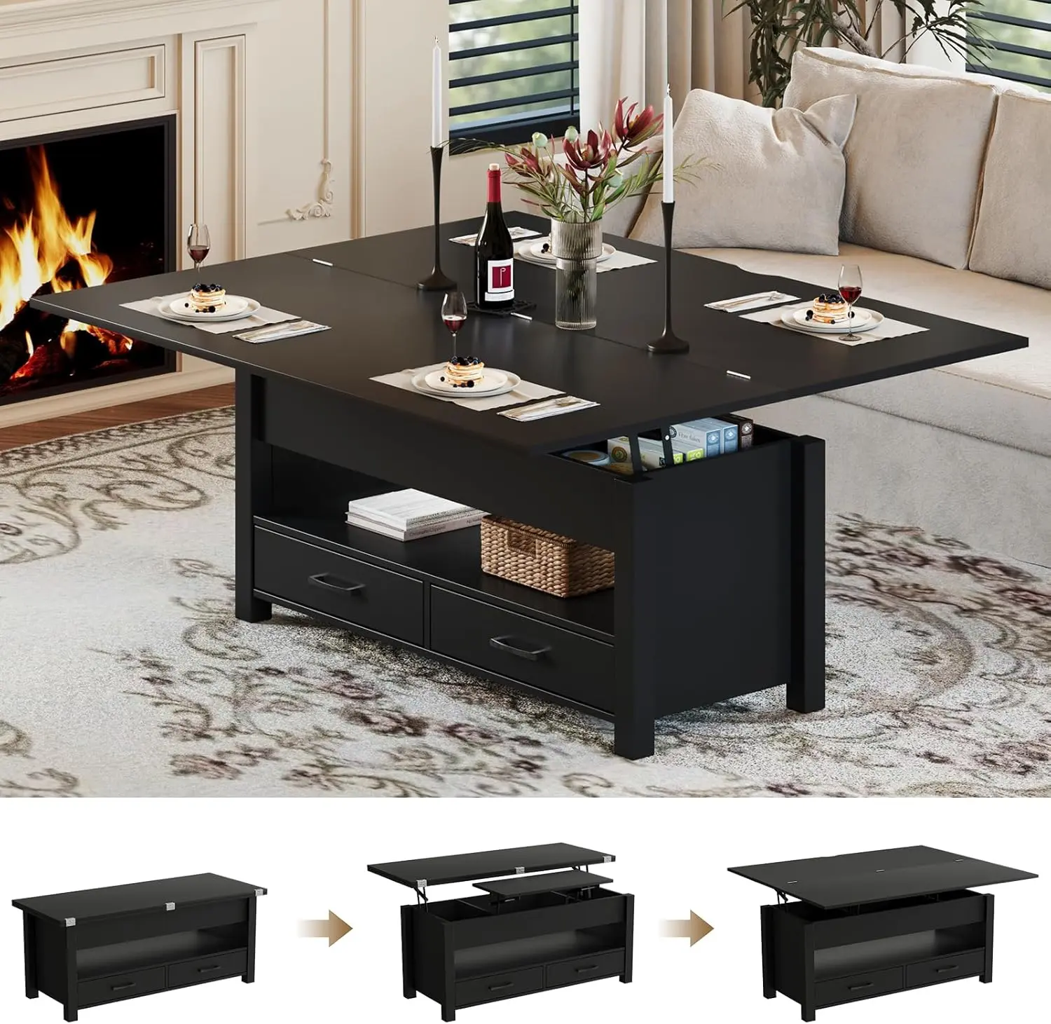 Gaomon Adjustable Height Wood Coffee Table (39.4"x39.4"x25.5"), Modern 2-Drawer Expandable Dining Table with Lifting Top Supported by Metal Gas Spring, Hidden Storage, Folds to 19.6" (39.4"x19.6"x19.3") for Living Room (Brown/Black/Natural)