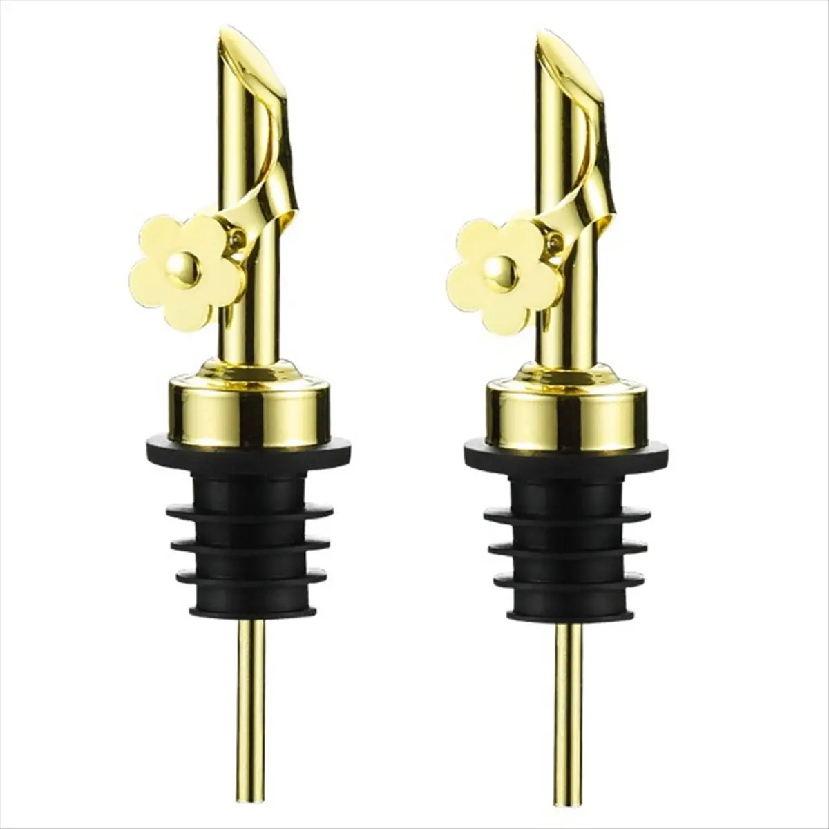 2Pack Durable Stainless Steel Oil Pour Spouts with Auto-Flip Leak-Proof Lid, Stopper & Floral Motif, Gold Finish, 0.67-1.1" Diameter, Entertaining Household Appliance Accessories for Oil & Liquor Bottle Replacements (Fits 0.67-1.1" Bottles)