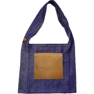 VINE STREET MARKET USA Small Denim Tote with Carhartt Tan Pocket, 27” x 15.5”, Durable Denim Construction, Holds Up to 40 Pounds