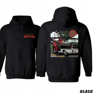 Treaty Oak Revival Hoodie, Retro Graphic Design, Vintage Car and Devil Artwork, Casual Streetwear, Cool Hoodie For Music Lovers, Bold Graphic Tee