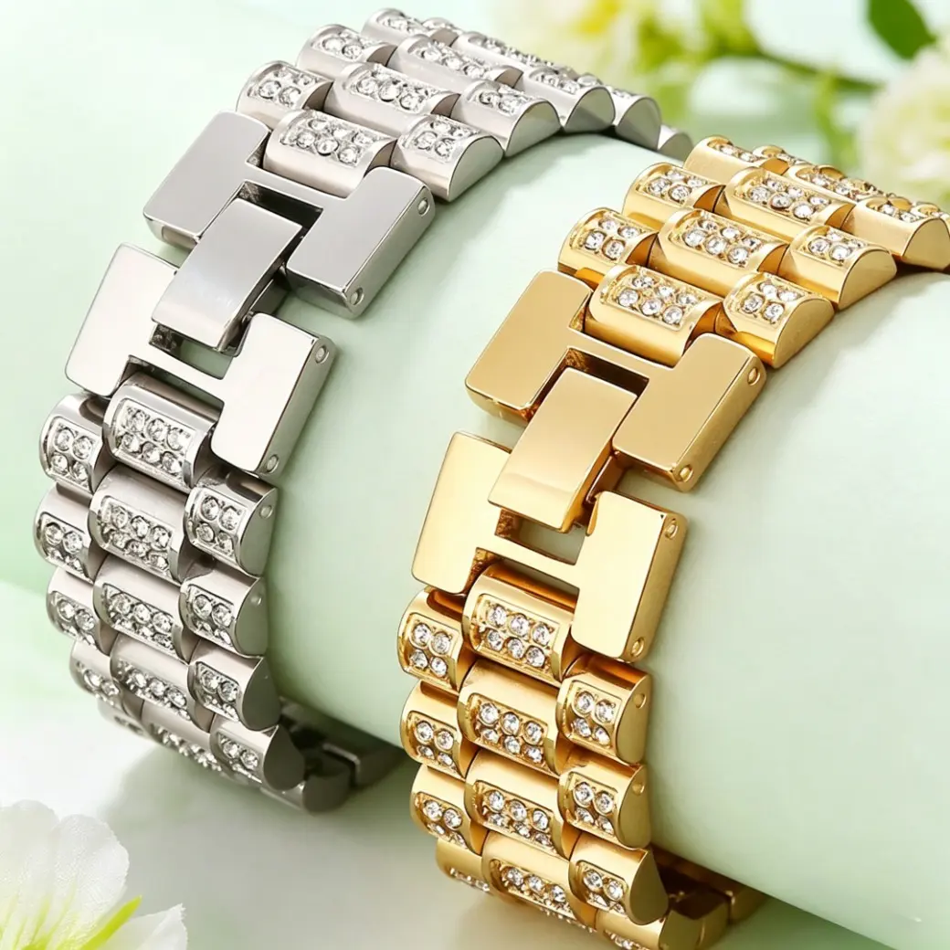 Hip Hop Watch Strap Chain Bracelet 18MM Wide Gold Stainless Steel Bracelet for Men Women Fashion Jewelry