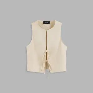 Cider [size 2-10] Linen-blend Round Neckline Solid Knotted Cut Out Top