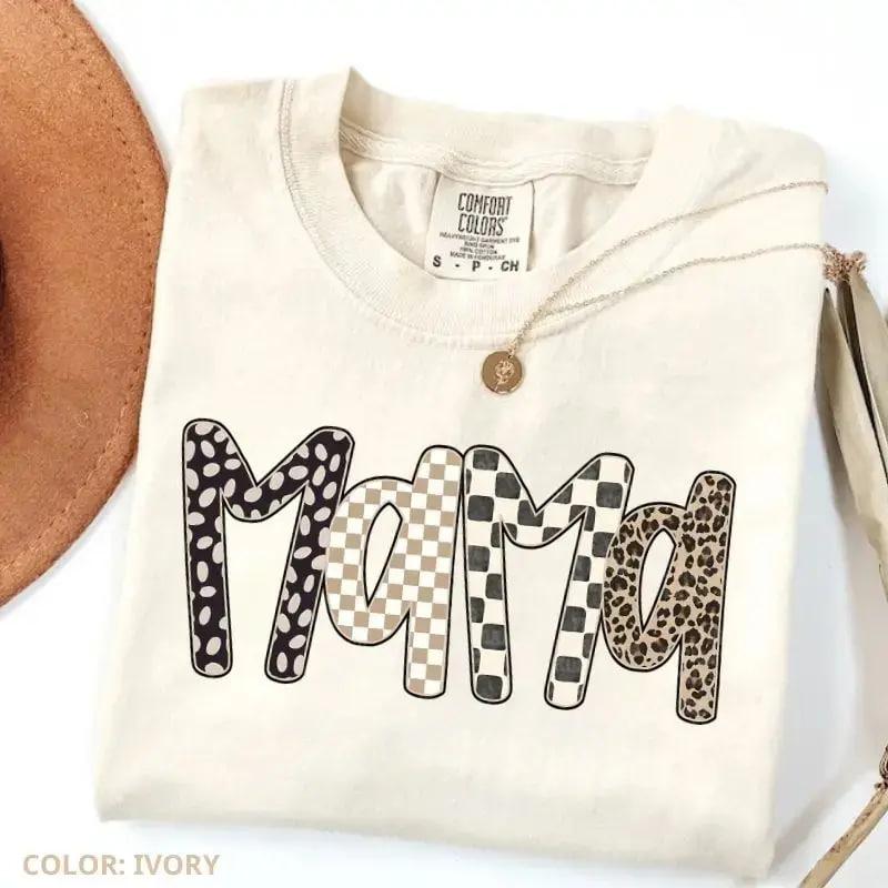 Comfort Colors Leopard Mama T-Shirt – Retro Checkered Graphic Tee, Trendy Mom Life Shirt, Cute Neutral Gift for Mothers Day