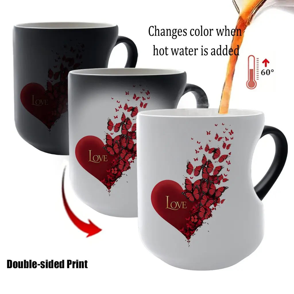 Magic Color Changing Heart Mug, Beverage Mug, Coffee Cups, Thermosensitive Ceramic Butterfly Design, 11oz/330ML Cup, Perfect Valentines Day Gift for Her/mom/lover