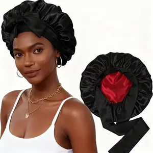 Double-sided Satin Bonnet Adjustable Tie Christmas Gift for Curly Hair Extra Large Frizz-proof Reversible Two-color Satin Sleep Cap with Wide Elastic Band