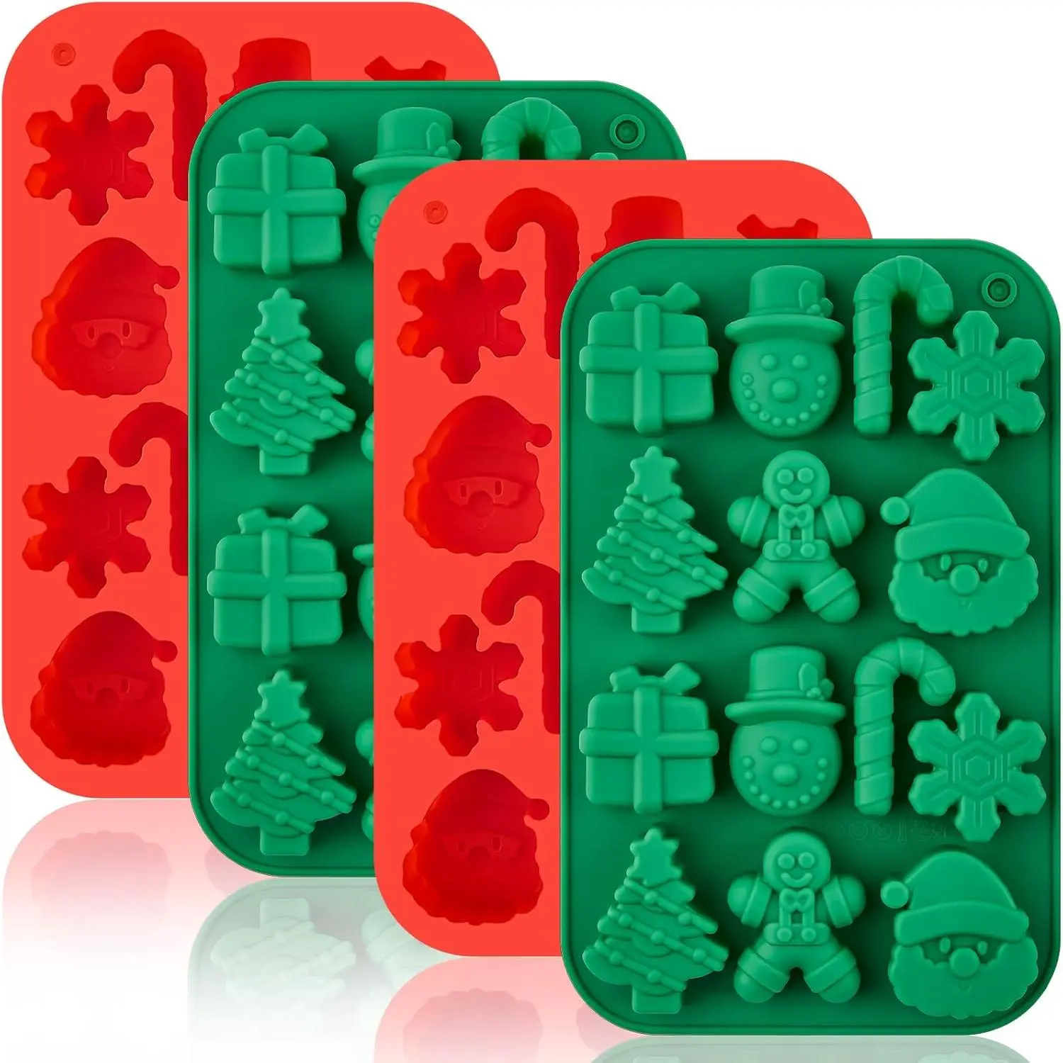 Christmas Chocolate Molds, 4 count Silicone Candy Molds Santa Clause Christmas Tree Snowman Gingerbread Man Baking Molds for Jellies, Candies, Ice Cubes, Wax Melts, Soaps, Candles