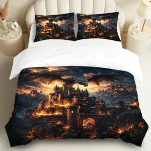 3PCS Duvet Cover Set, 1 Duvet+2 Pillowcases(Without filler), Dragon Castle Fantasy Medieval Epic theme, Halloween bedding set, Mythical Creatures Bedding Suitable for decoration Bedroom, Guest Room, Dormitory, Living Room.