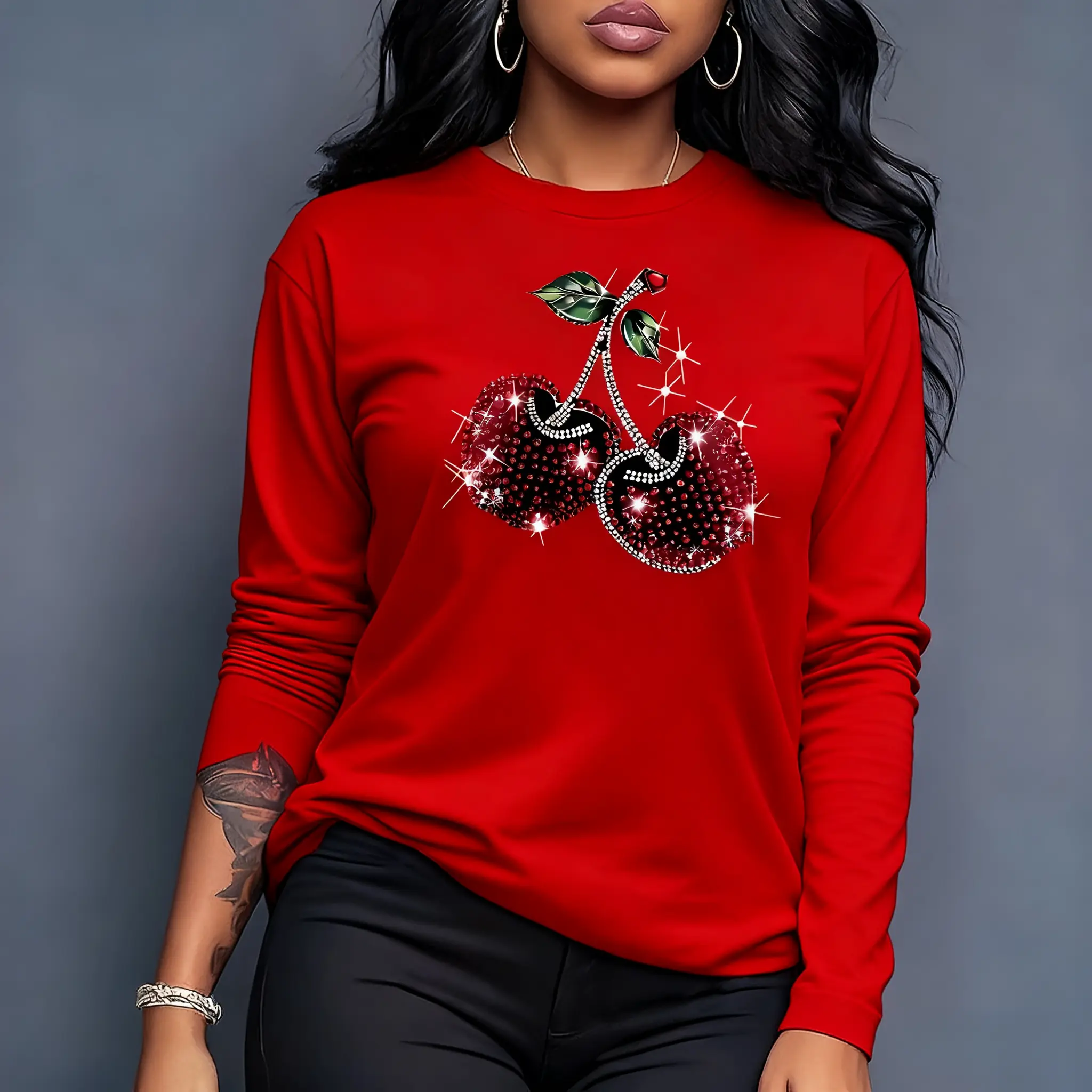 Women's Long Sleeve Tops Vintage Graphic Tees Women's Shirts Women's Graphic Tees Sparkly Cherry Print Retro - Style Top For Casual Daily Wear Outings And Fashion - Forward Style Statements Fit Medium Womenswear Printed Basic Smooth Cotton