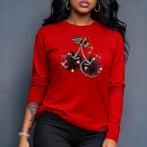 Women's Long Sleeve Tops Vintage Graphic Tees Women's Shirts Women's Graphic Tees Sparkly Cherry Print Retro - Style Top For Casual Daily Wear Outings And Fashion - Forward Style Statements