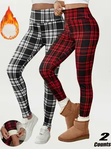 Women's Winter High Waist Plaid Fleece Lined Pants, Elastic Warm Lamb Velvet Nine-Point Leggings, Casual Fashion S-Xxl
