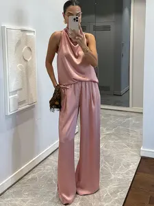 Elegant Satin Halter Top & Wide Leg Pants Set, Soft Draped Fabric, Gentle Color, Perfect for Elegant