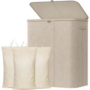 185L Large 3 Section Laundry Hamper with Lid, Plastic Laundry Basket with  Handles and Removable Bags, Tall Foldable Clothes Hamper for Bathroom Bedroom, Beige