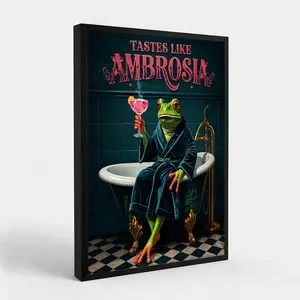 "Tastes Like Ambrosia" Funny Frog Bathroom Art Print, Maximalist Teal Frog in Robe Poster, Whimsical Animal Drinking Cocktail Wall Decor, Retro Dark Teal Bathroom Wall Art