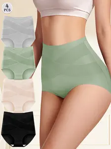 High Waist Women's Breathable Solid Color Cotton Panties Tightening Briefs Basic Comfy Panties Cross Tummy Control Knickers Multipack Underwear Lingerie For Days