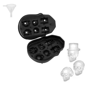 Skull Ice Cube Tray - 6-Grid Flexible Black Silicone Ice Ball Maker with Lid & Funnel, 3 Distinct Patterns for Beverages & Chocolates on Parties