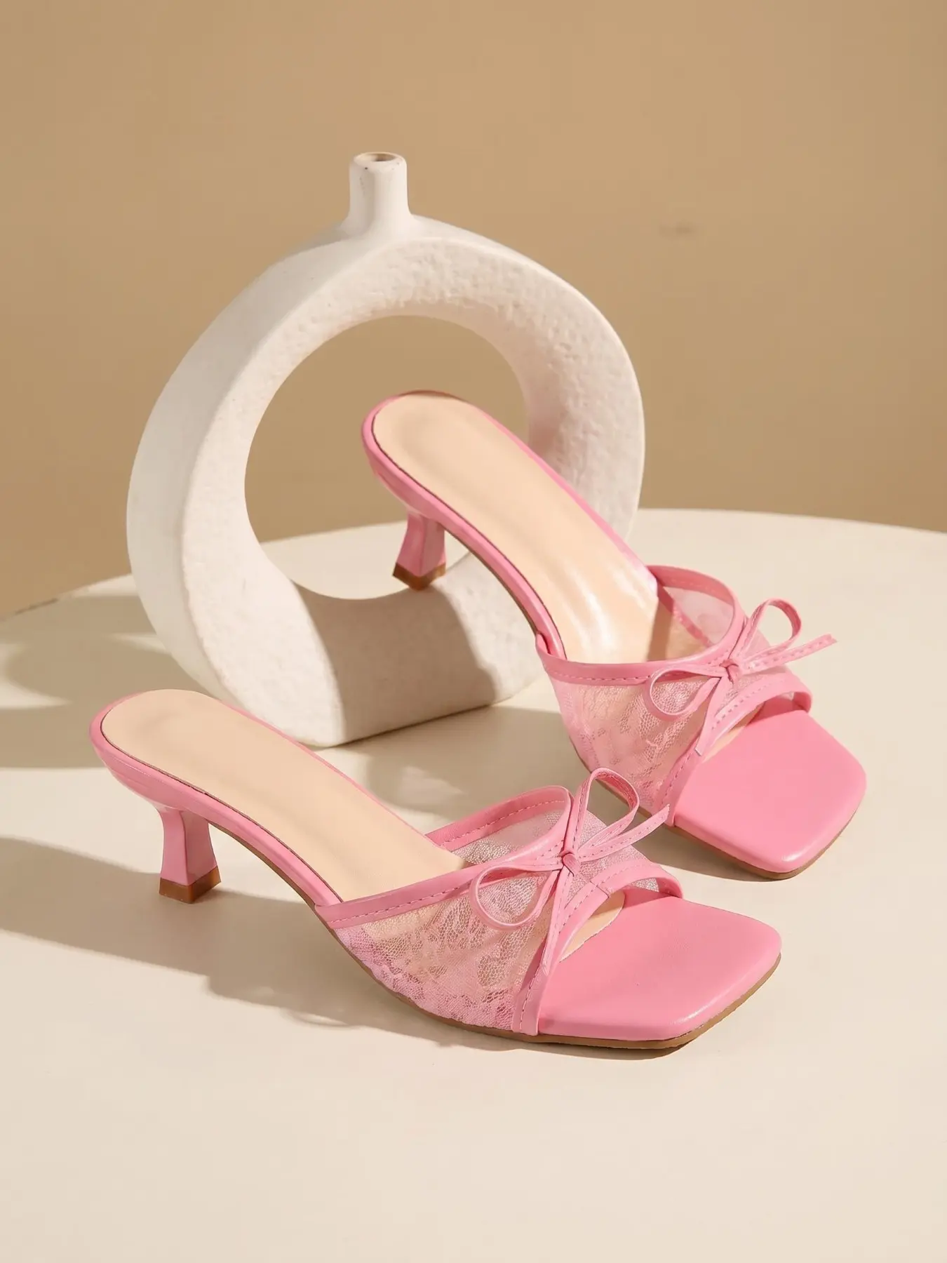 Coquette Bow Lace Mules | Romantic Square Toe Kitten Heels | Fairycore Summer Slip-On Sandals | Elegant Classic Wedding Guest Shoes | Dressy Sandals