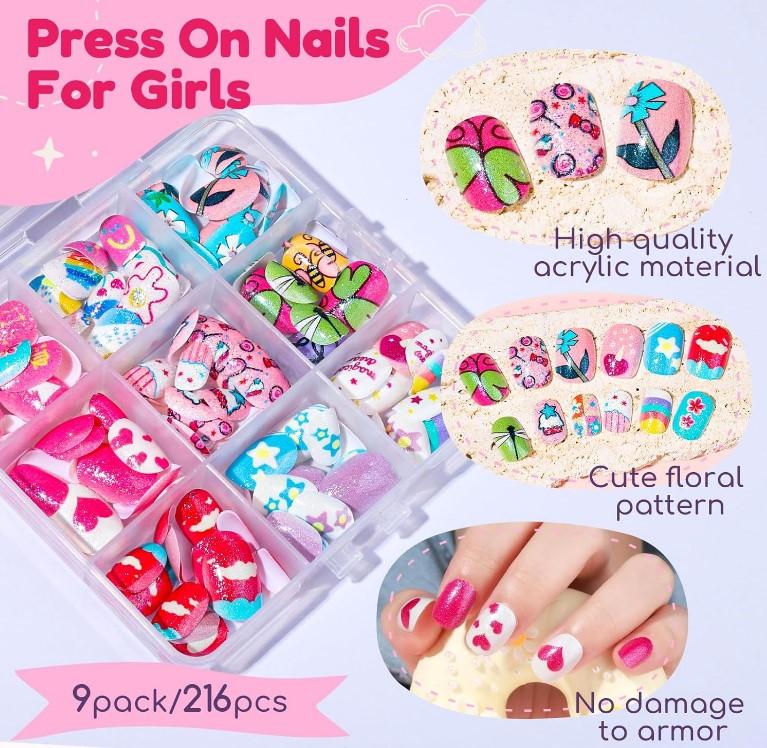 Teenitor 216pcs Kids Press On Nails for Girls, 9 Styles of 8-12 Years Girls Press On Nails for Kids, Full Cover Fake Nails for Little Girl, Short Acrylic Nails Set