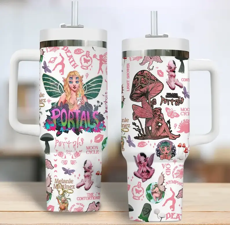 [DrCup] Melanie Martinez Portals 40oz/20oz Tumbler with Handle & Straw, Stainless Steel Double Wall Vacuum Insulated Travel Mug, Fairy Aesthetic Pink Fantasy Mushroom Edition, Keeps Drinks Hot & Cold, Fits Car Cup Holder, Gift for Music Fans