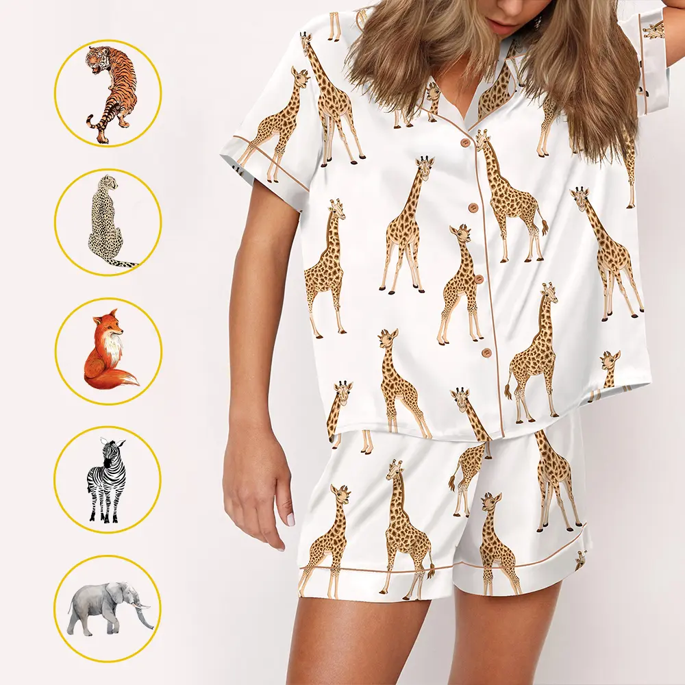 All Over Animal For Women Print Comfy Satin Sleepwear & Loungewear Pis Printing Silky Top & Bottoms - SHESHOW