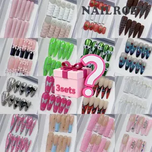 30pcs Mystery Box Handmade Press on Nails, Long 3D Floral Almond Design, Perfect for Weddings & Parties, Colors