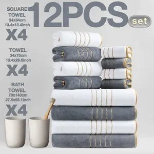 12-Piece Bath Towels Set, Premium Towel Set, Modern Luxury Trim, Quick-Dry Super Absorbent Microfiber, Suitable for Home Camping Hotel School Factory