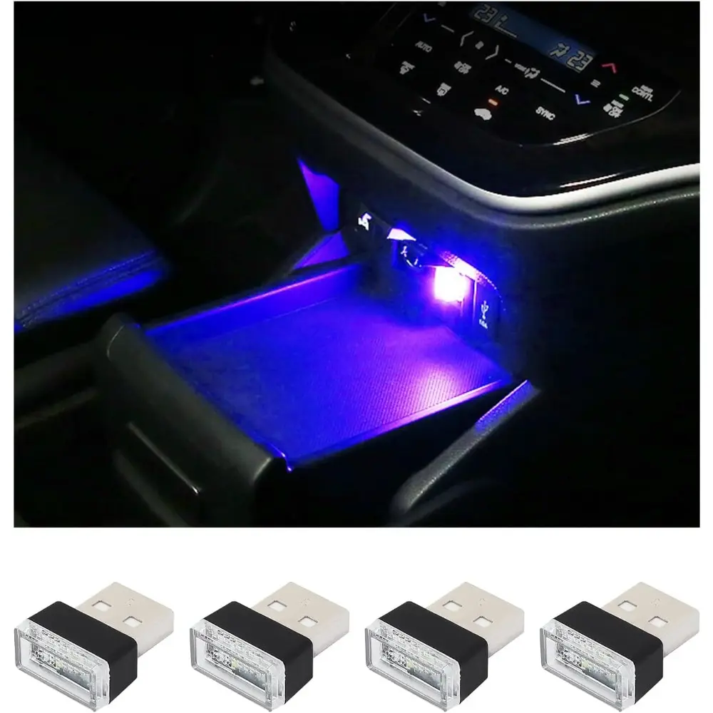 4 PCS USB Car LED Lights Interior, Plug-in Decor Night Light Kit, Portable Auto Accessories, Universal Vehicle Accessories for Most Cars (Blue)