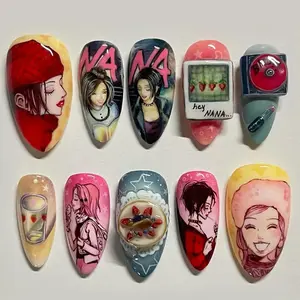 24Pcs NaNa Black and Red 3D Heart Press On Nails - Y2K Punk Rock Almond Shape Fake Nails Set