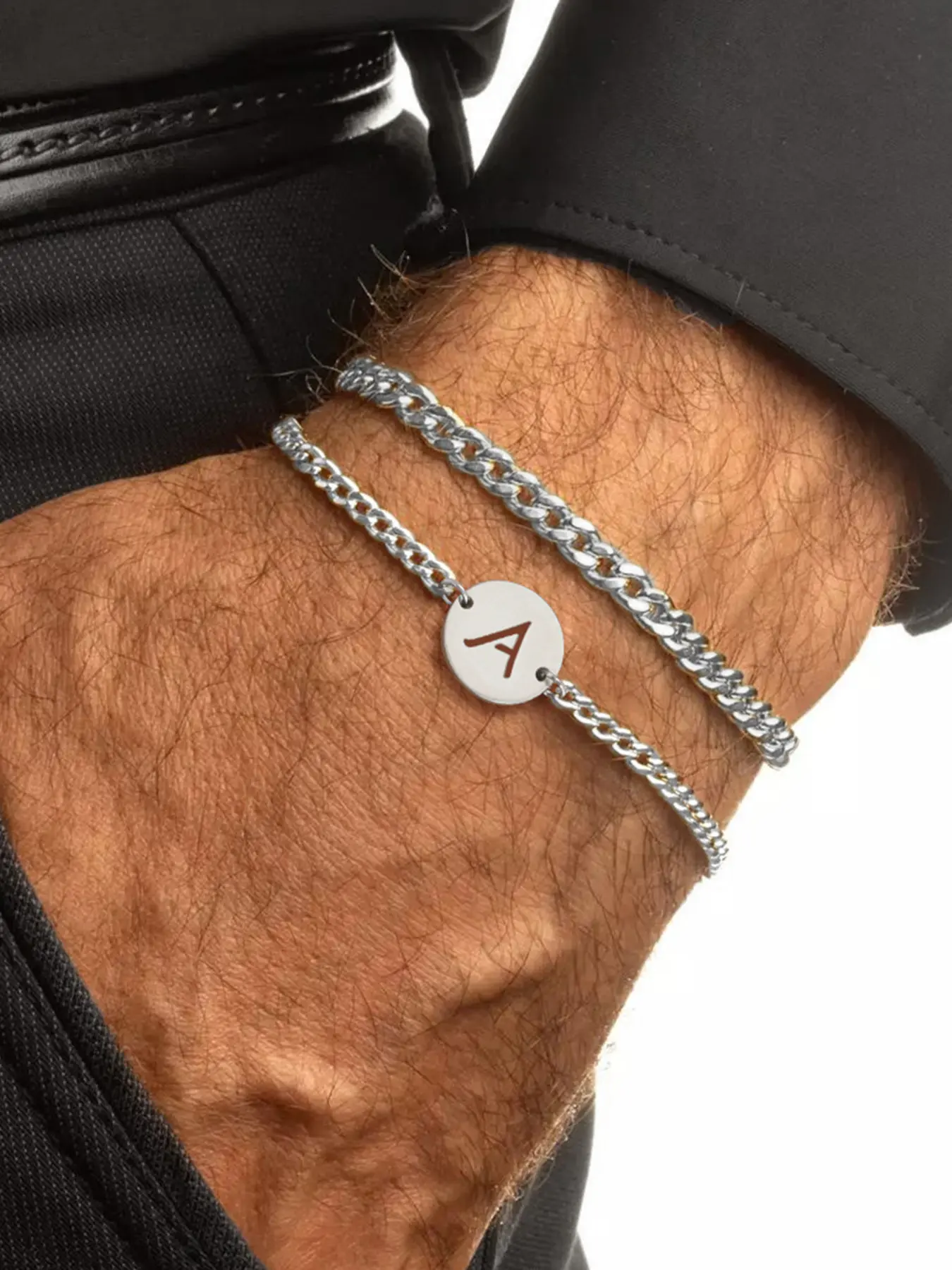 Men's Silver Color Stainless Steel Cuban Chain Bracelet Set, Casual Letter Pattern Multi-Layered Bracelet Stack Jewelry for All Seasons, Stainless Steel Bangle, Multilayered Bangles