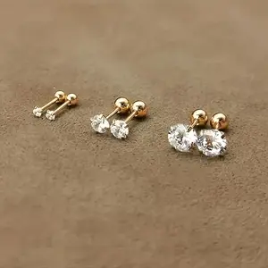 3 Pairs of 18K-Plated Stainless Steel Exquisite Simple Round Ball Twist 4-Prong Cubic Zirconia Earrings Perfect for Friends