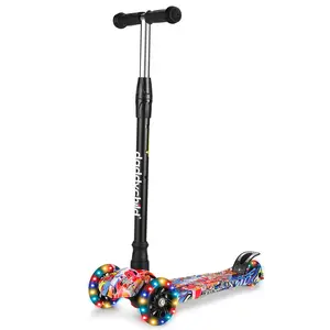 Kick Scooter, LED Lighted Wheels, Adjustable Height Handlebars and Removable Seat, Lean-to-Steer