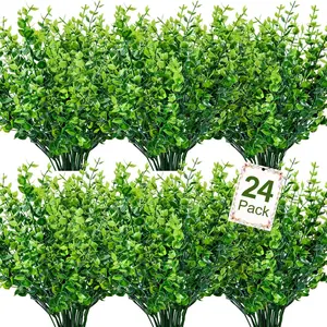 24 Pcs Artificial Greenery Stems Fake Decorative Plants Outdoor UV Resistant Faux Plastic Boxwood for Kitchen Office Garden Porch Farmhouse Window Box Home Decor