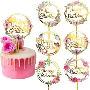 6 Pieces Happy Birthday Cake Toppers Gold Flower Acrylic Cupcake Cake Toppers for Various Birthday Party Anniversary Pastries Decorations Peonies Pastel