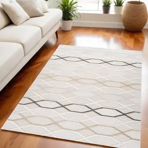212 MAIN 5x8 ft. Stain-Proof Modern Geometric Abstract Weave Machine-Woven Polyester Indoor Area Rug, Cream & Beige, Decorative Home Decor Rug with Distressed Look