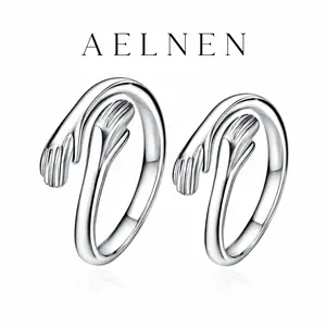 Couple Hug Ring Set S925 Sterling Silver Adjustable Open Ring for Women & Men, Romantic Holding Hands Promise Ring, Matching Relationship Jewelry Gift for Girlfriend Boyfriend Wife Husband Anniversary Birthday Valentine’s Day