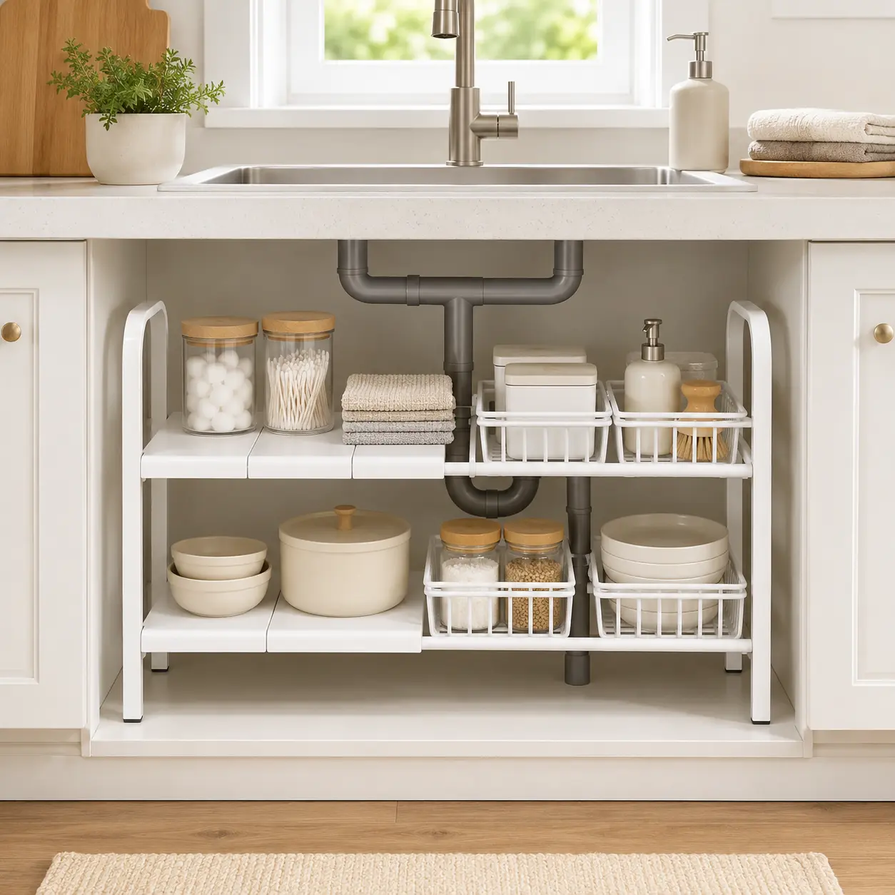 2-Tier Freestanding Under Sink Storage Organizer - Metal Rack with 4 Shelf Panels, 4 Removable Baskets, Pipe-Compatible, Space-Saving for Kitchen, Bathroom, Black/White Optional